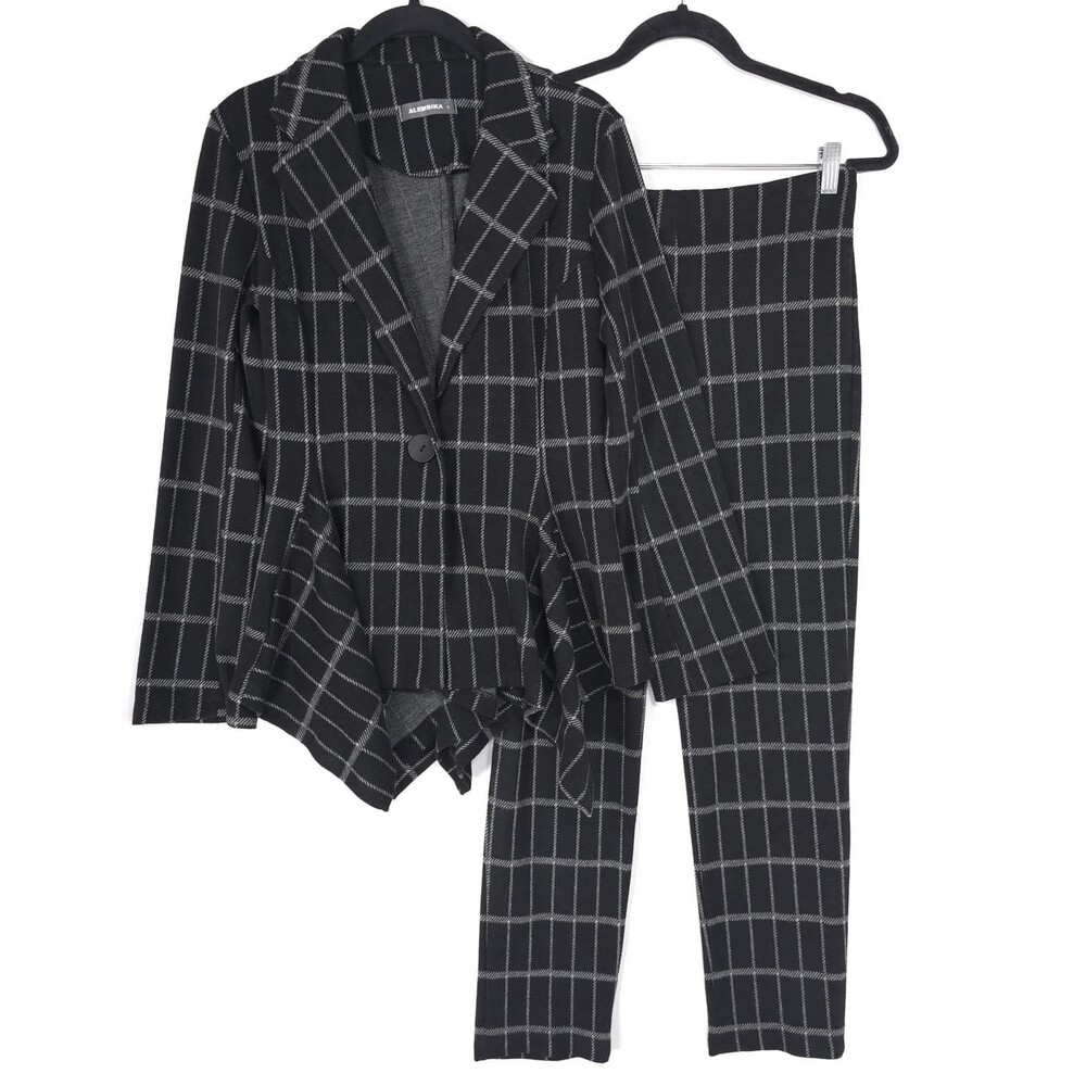 ALEMBIKA Women's Jacket Pants Set 0 Black Knit Windowpane Minimalist